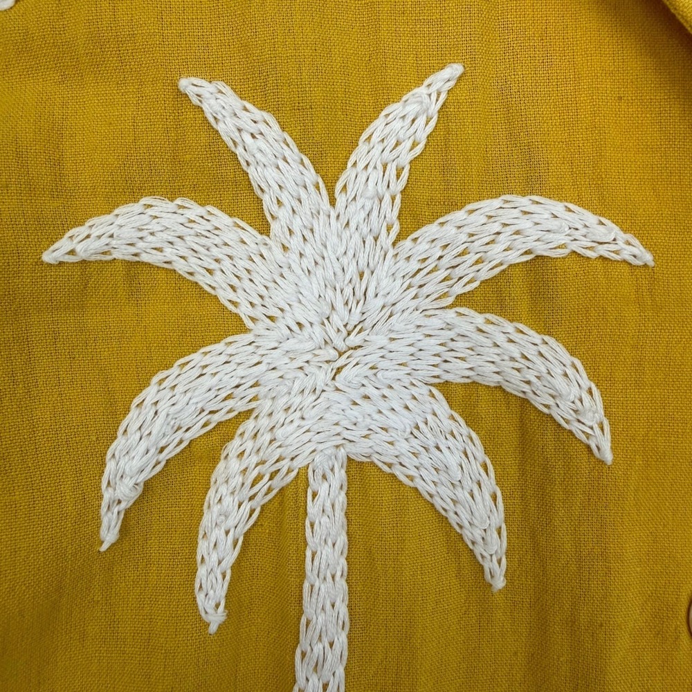 Bianca Jeswant XS Yellow Hand Embroidered Palm Tree 100% Cotton Camp Shirt NWT - Picture 3 of 5
